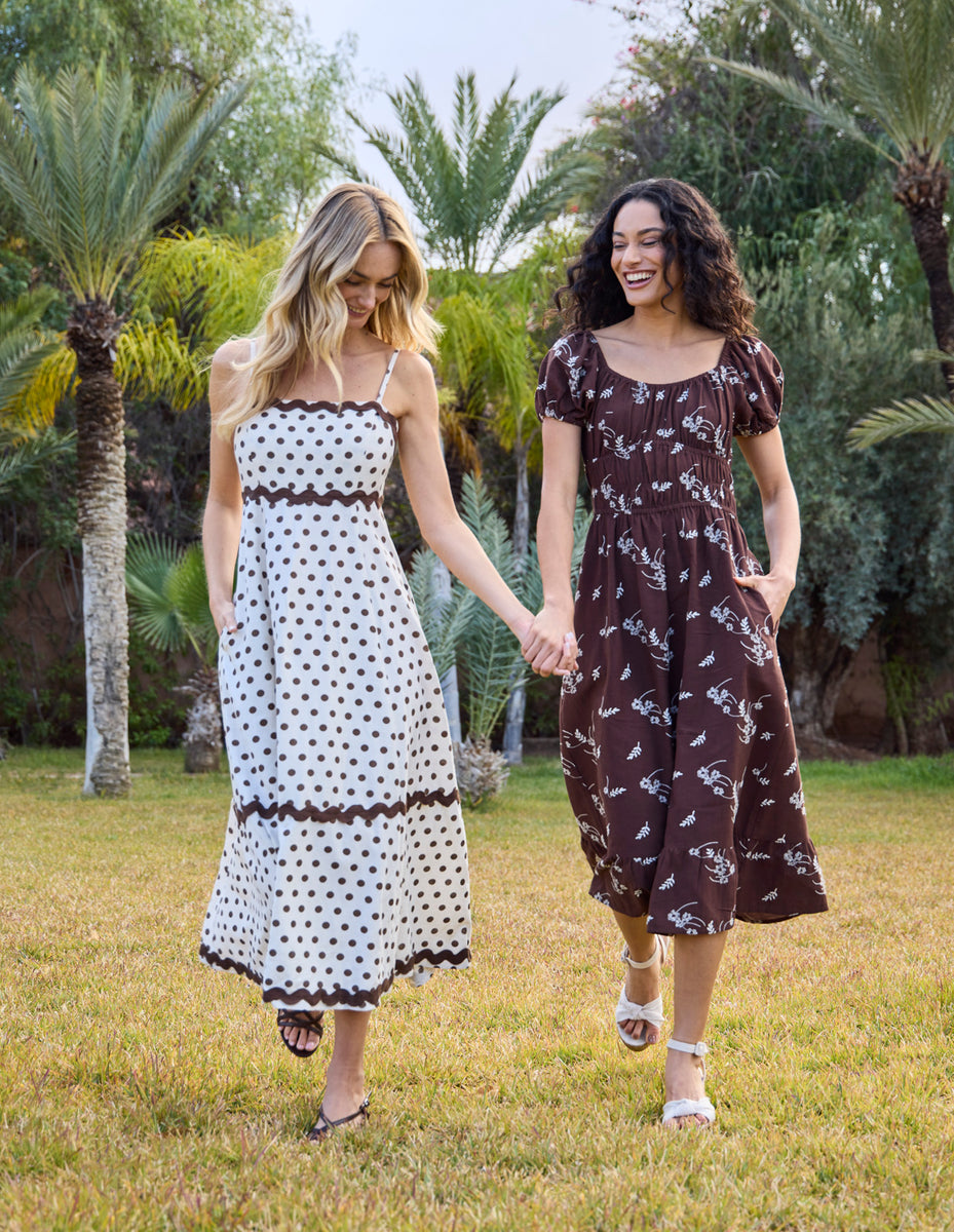 Chocolate | Embroidery Milkmaid Midi Dress | Blue Vanilla