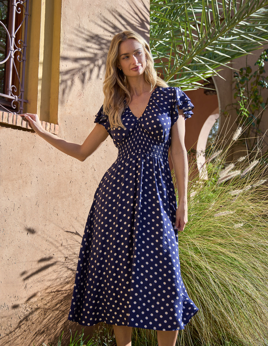 Navy | Polka Dot Elastic V Neck Midi Dress