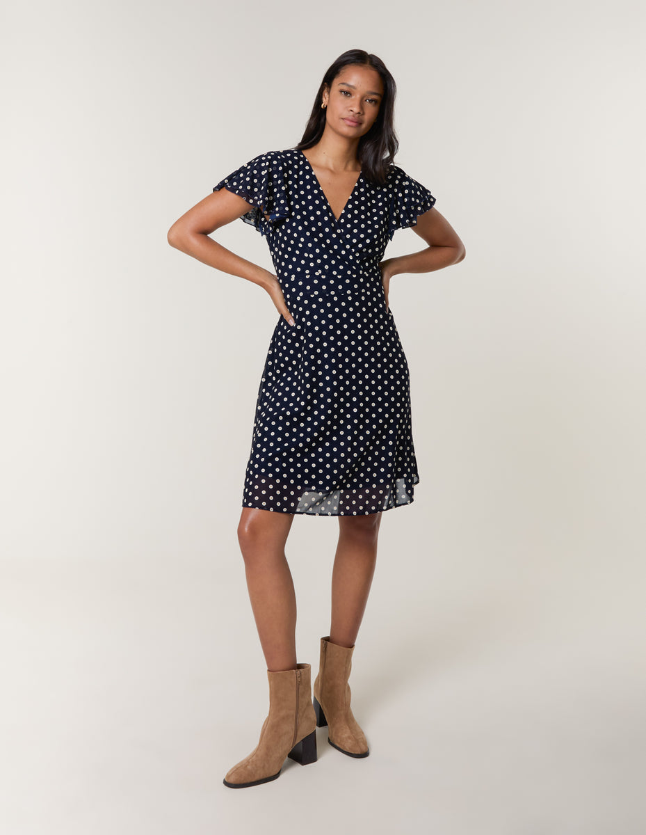 Navy | Polka Dot Mesh Frill Sleeve Wrap Dress With Tie Waist