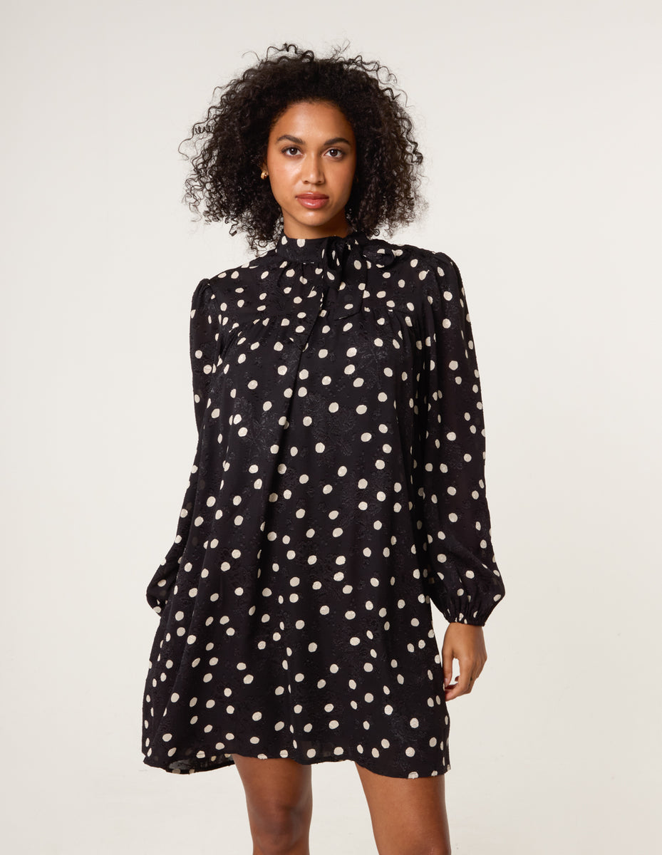 Black | Polka Dot Tie Neck Smock Dress