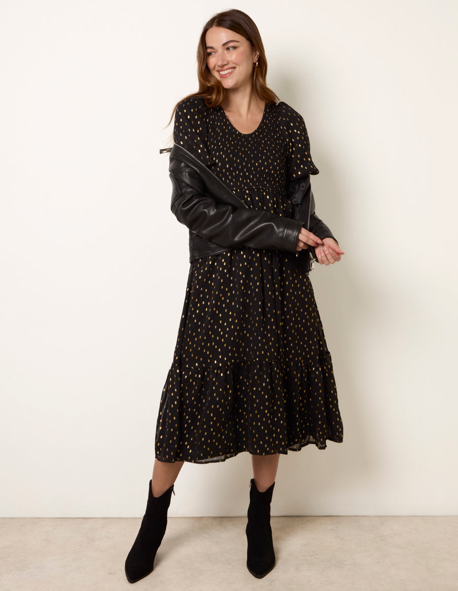 Black | Gold Foil Midi Dress | Blue Vanilla
