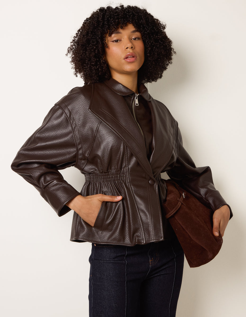 Chocolate | Collared Shirred Waist Faux Leather Jacket| Blue Vanilla