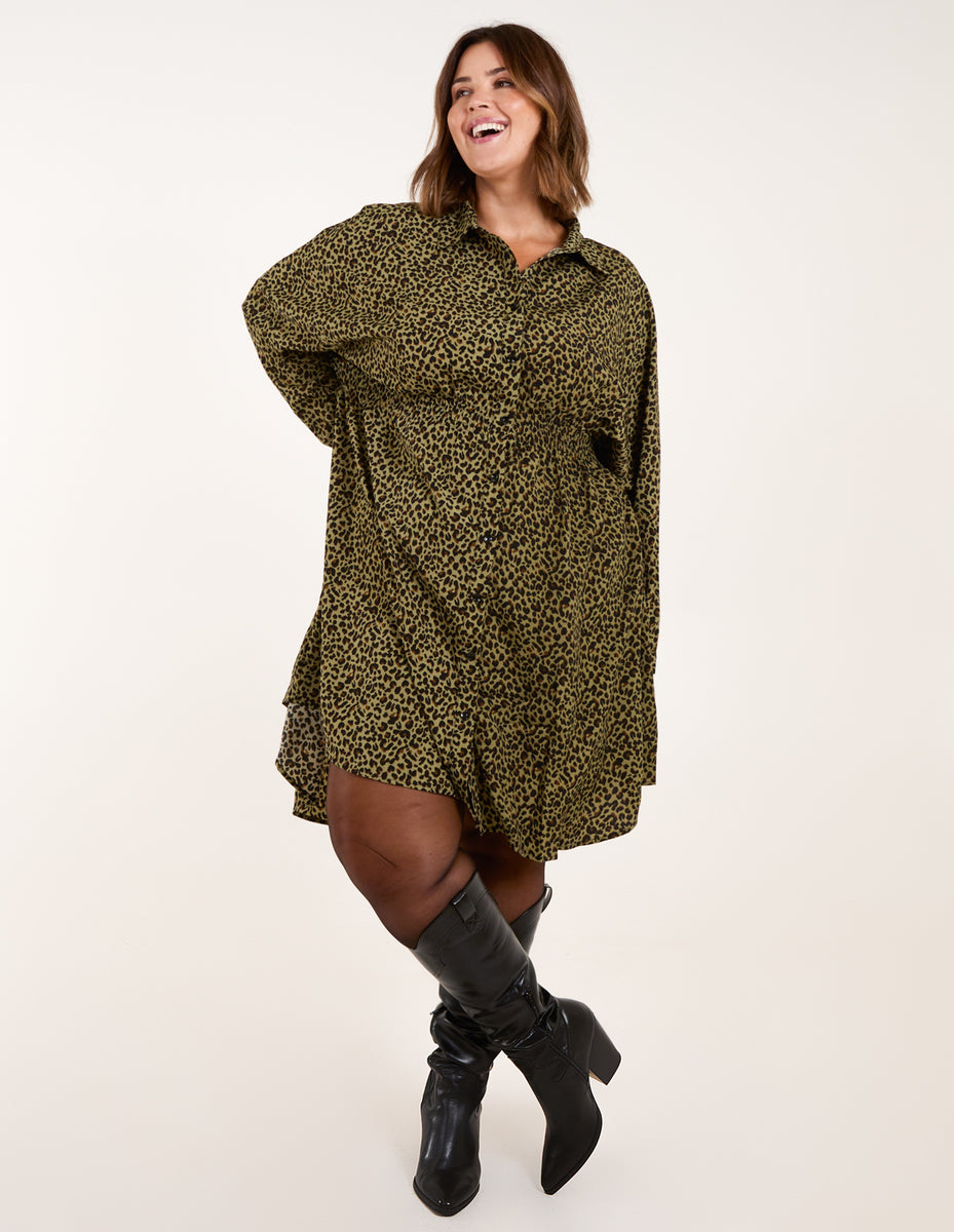 Khaki Leopard V Neck Cinched High Waist Open Back Maxi Dress