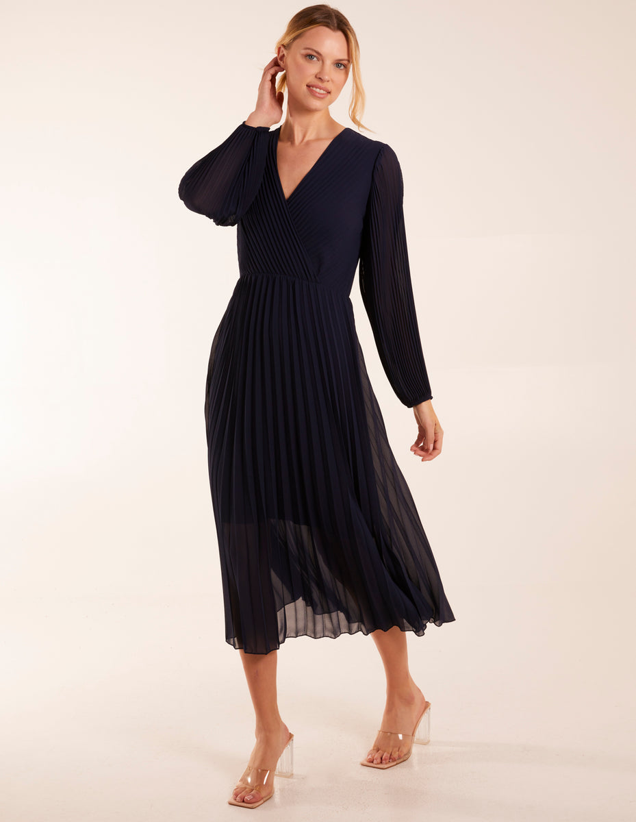 Navy Wrap Front Pleated Midi Dress Blue Vanilla - Main Image