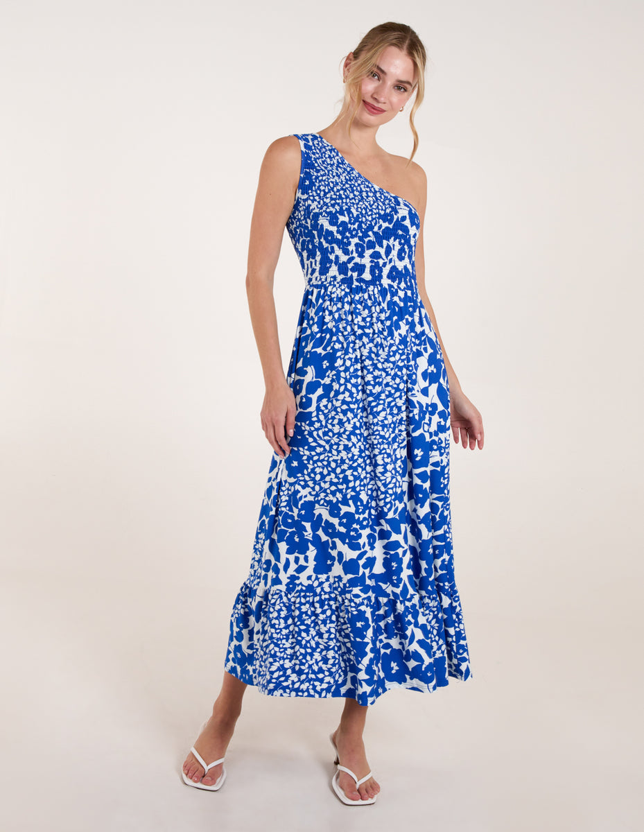 Blue | Shirred Waist One Shoulder Maxi Dress