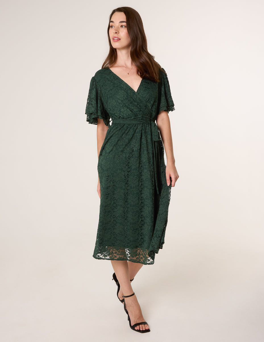 bottle green midi dress Bottle Green | Double Angel Sleeve Lace Midi Dress