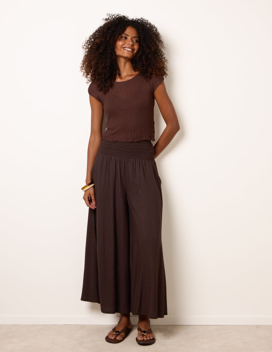 Chocolate | Wide Leg Shirred Waist Wavy Trousers | Blue Vanilla