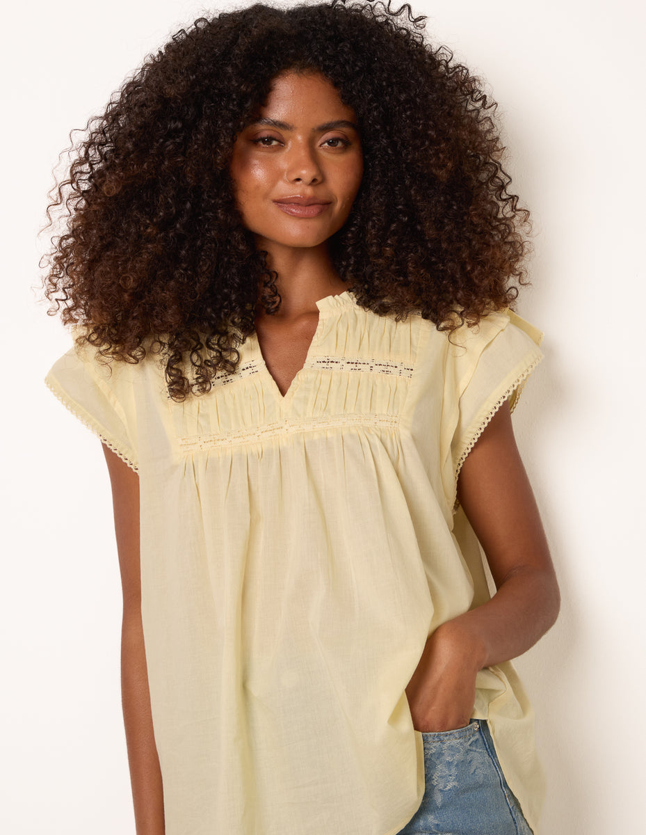 Lemon | Cotton Embroidery Detail Ruffle Sleeve Top │ Blue Vanilla