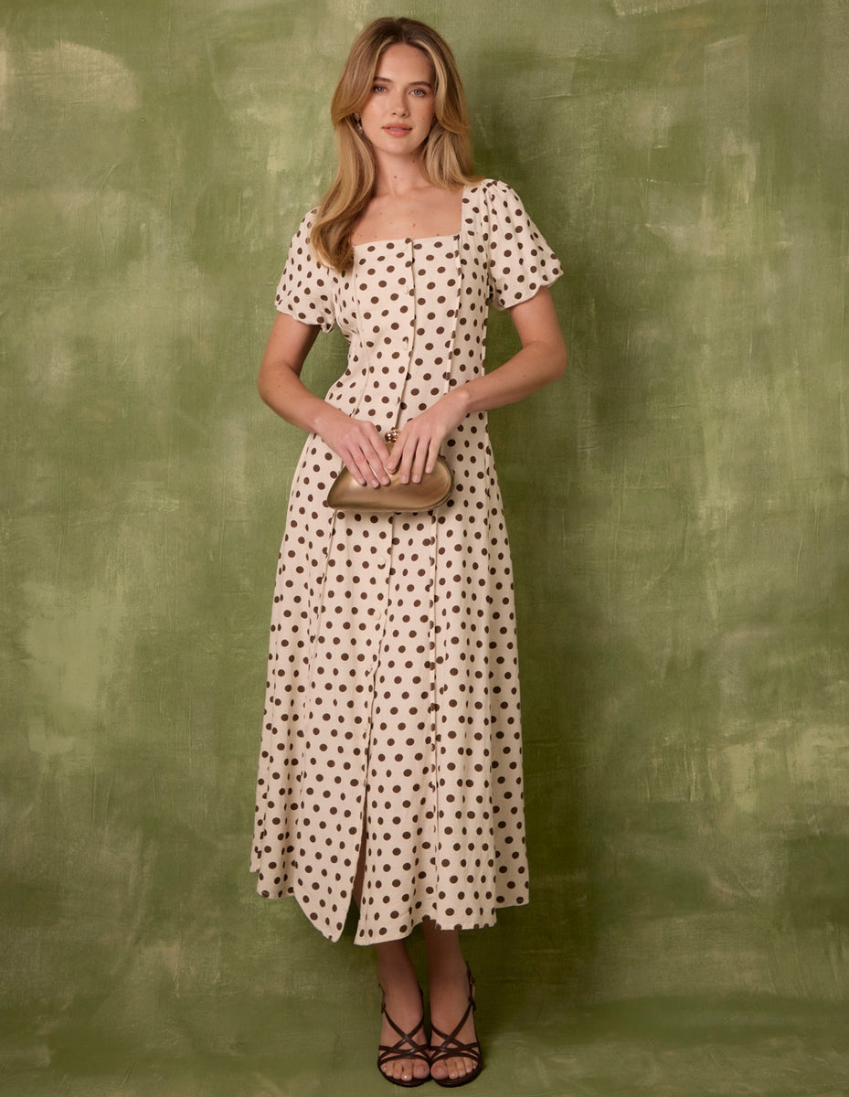 winter milkmaid dress Linen | Polka Dot Puff Sleeve Pant Size:40 size down for tighter ikea-hemnes-upgrade Women's Dark brown Boat-Neck