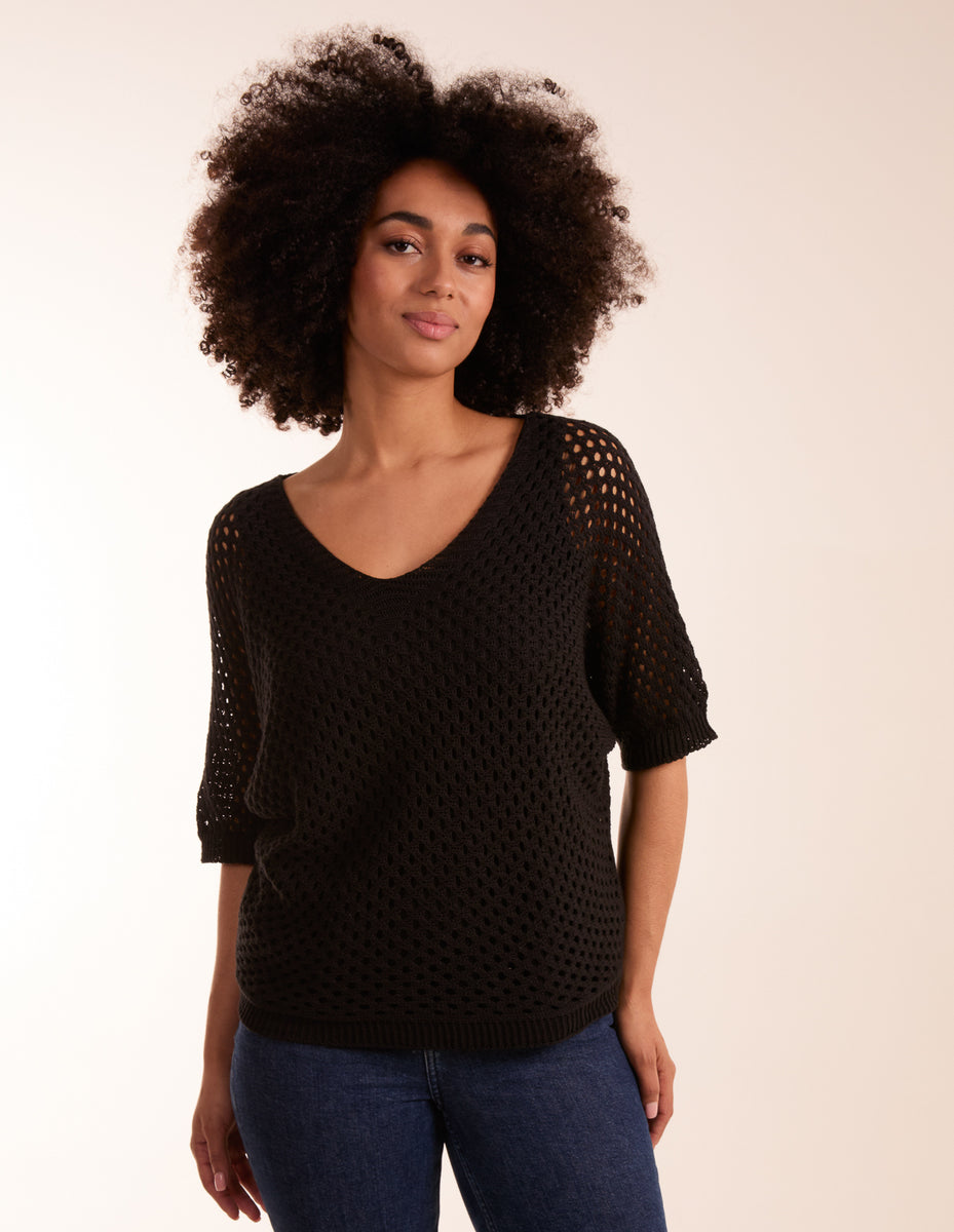 KARLA V NECK TOP - BLACK/CHOC SPOT