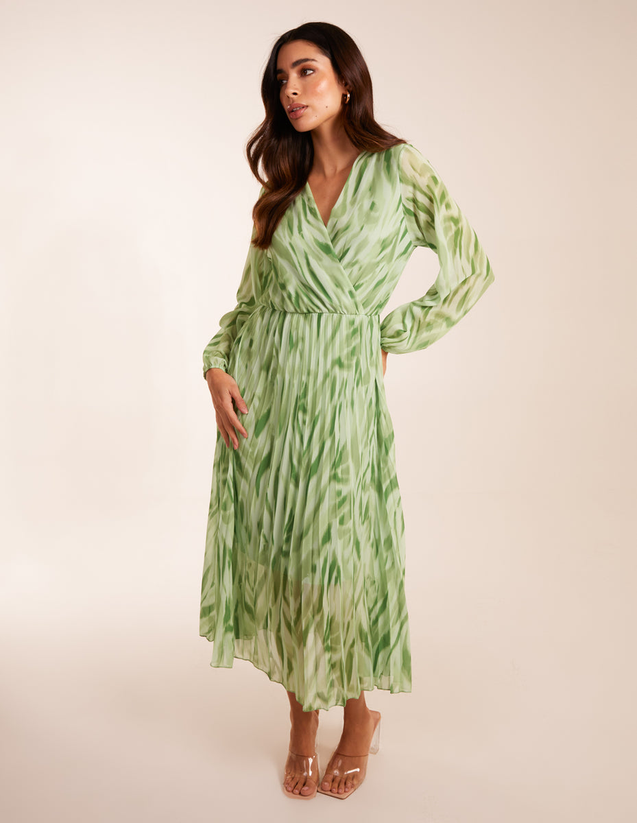 Green | Abstract Wrap Pleated Midi Dress
