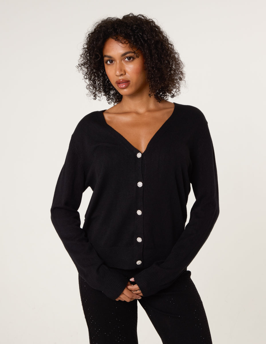 V-Neck Pocketed Metal Button Cardigan