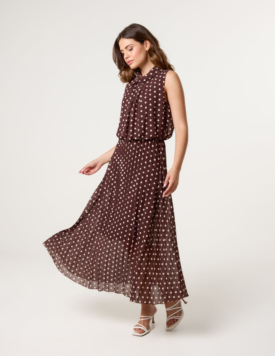 brown patterned dress Brown | Polka Dot Sleeveless Cowl Pleat Dress
