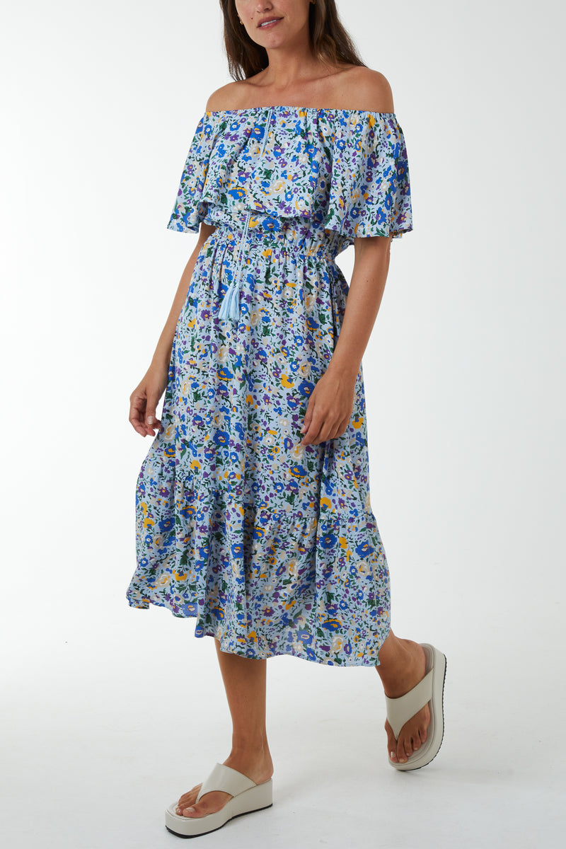 Navy | Bardot Ruffle Midi Dress | Blue Vanilla