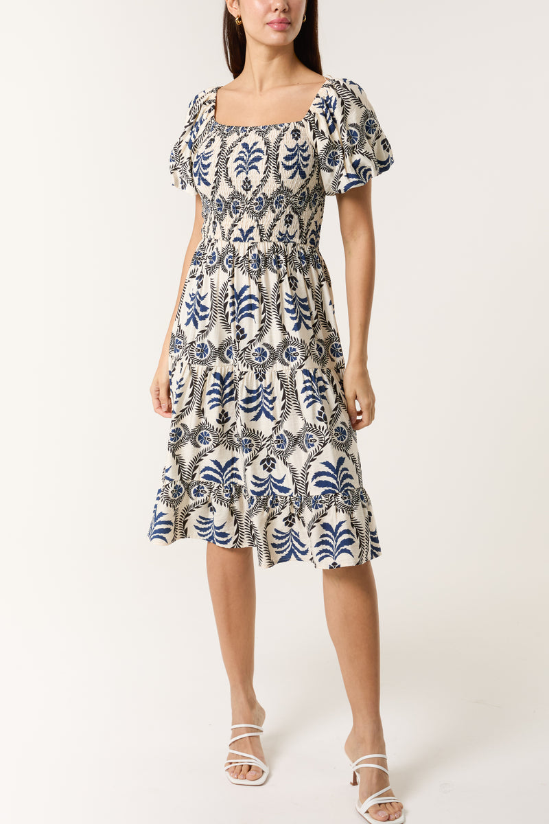 Blue Floral Printed Square Collar Puff Sleeve Midi Dress