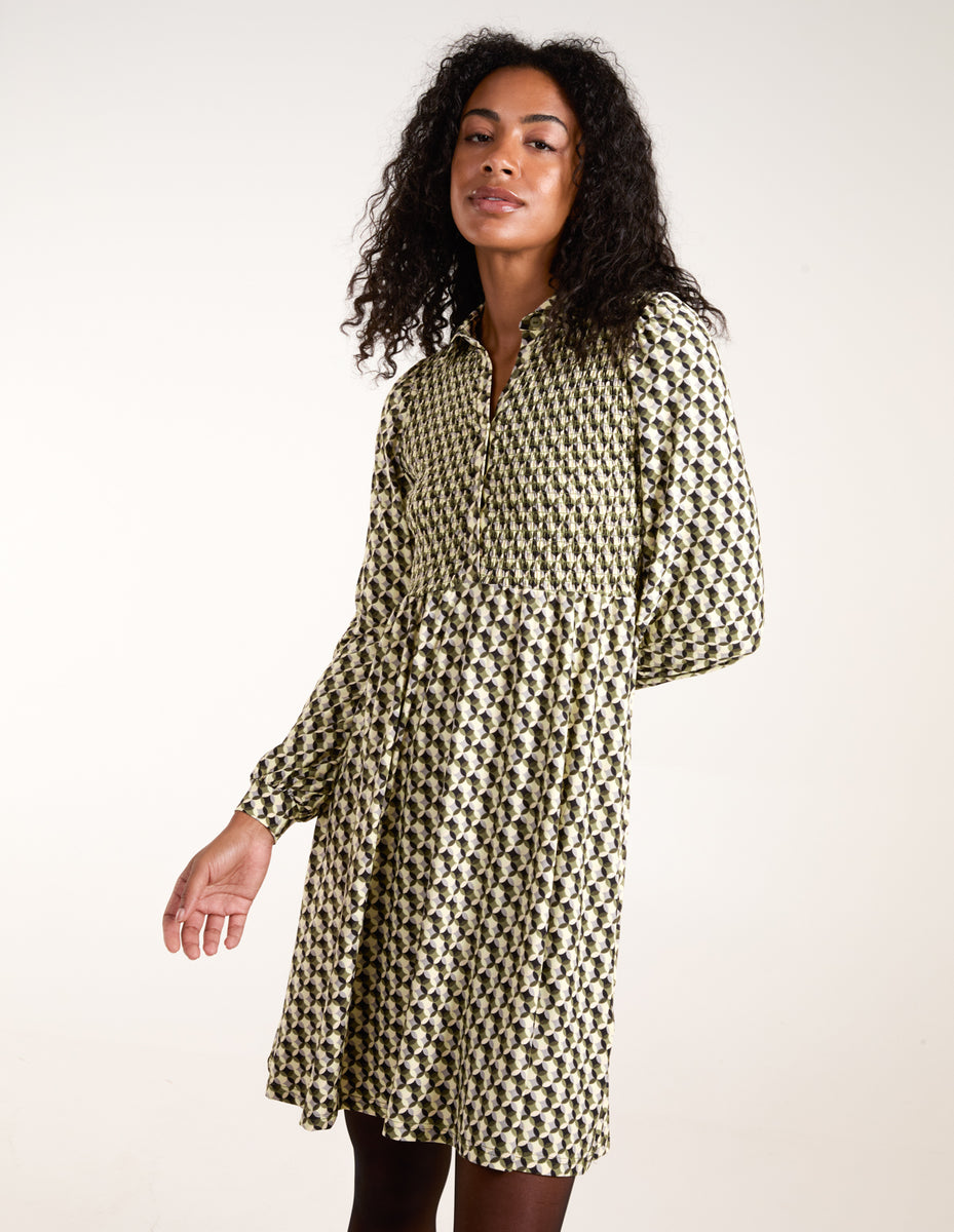 Green | Geometric Shirred Mini Shirt Dress | Blue Vanilla