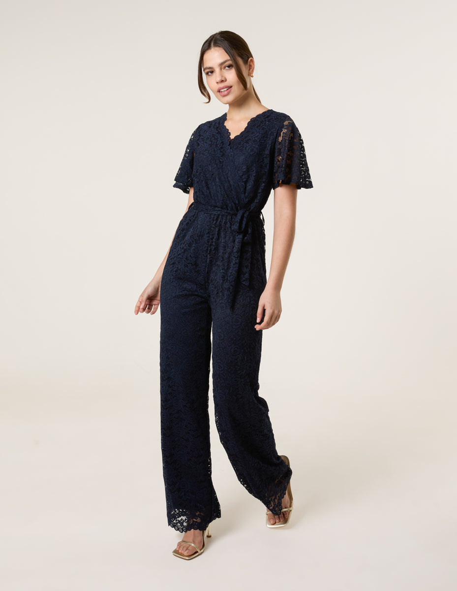 Navy Floral Wrap Over Culotte Jumpsuit main image 1