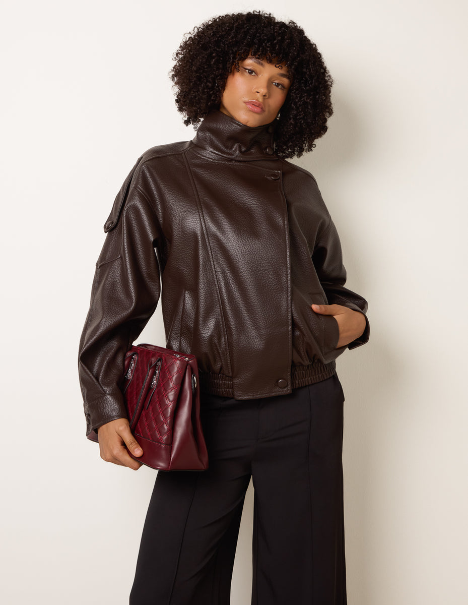 Chocolate| High Collar Faux Leather Jacket | Blue Vanilla