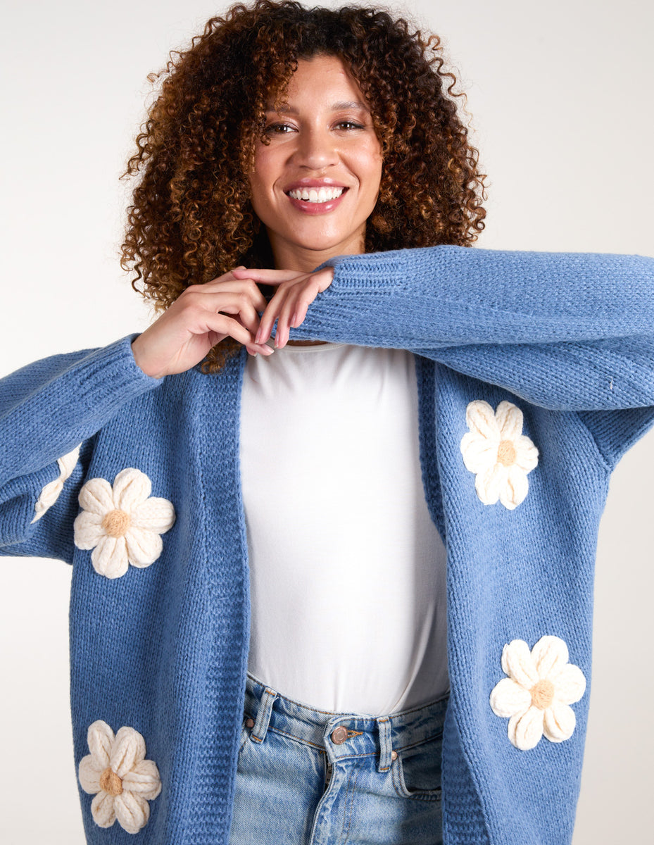 Denim Blue | Daisy Large Flower Cardigan | Blue Vanilla