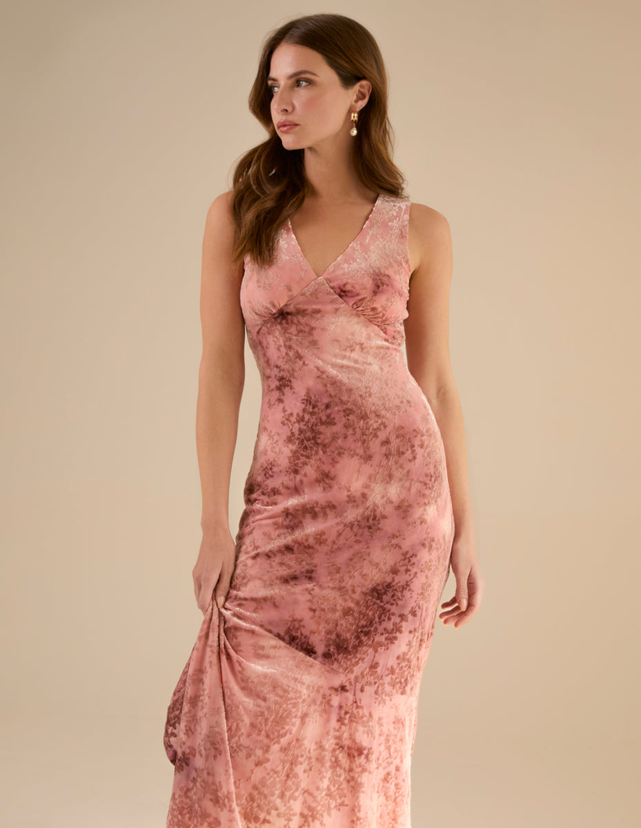 Pink | Luxe Devore V Neck Maxi Dress | Blue Vanilla