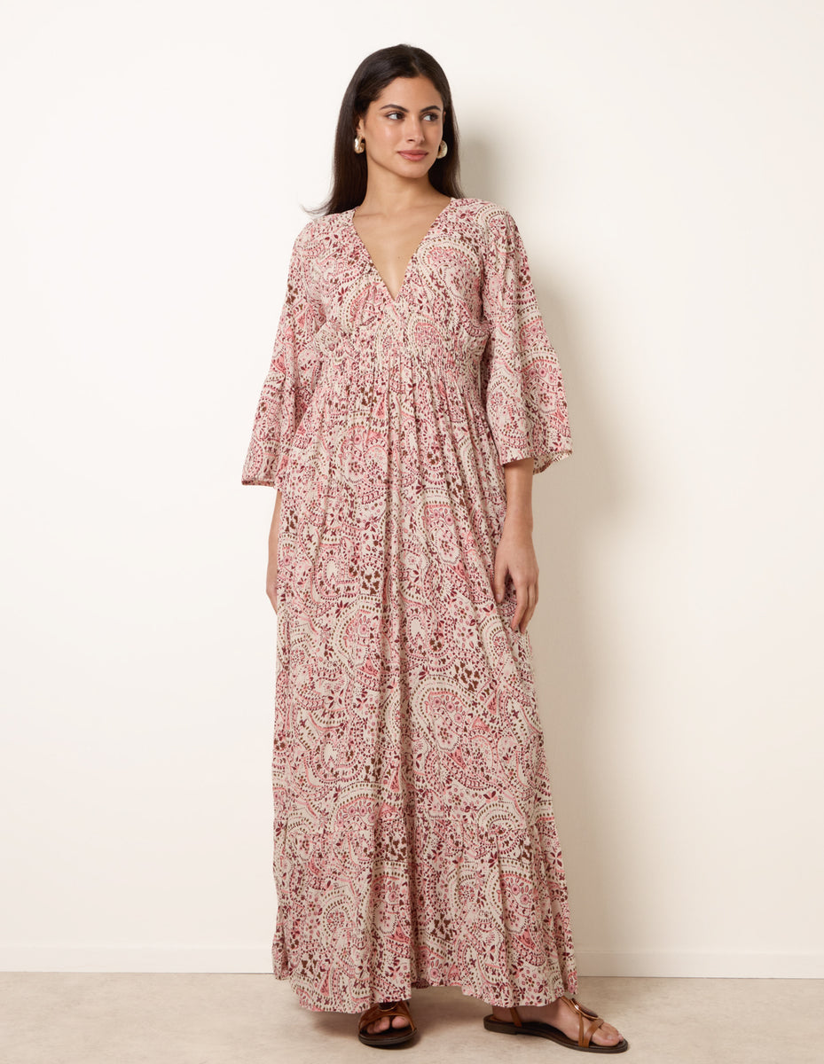 Pink | Printed Shirred Waist V Neck Maxi Dress