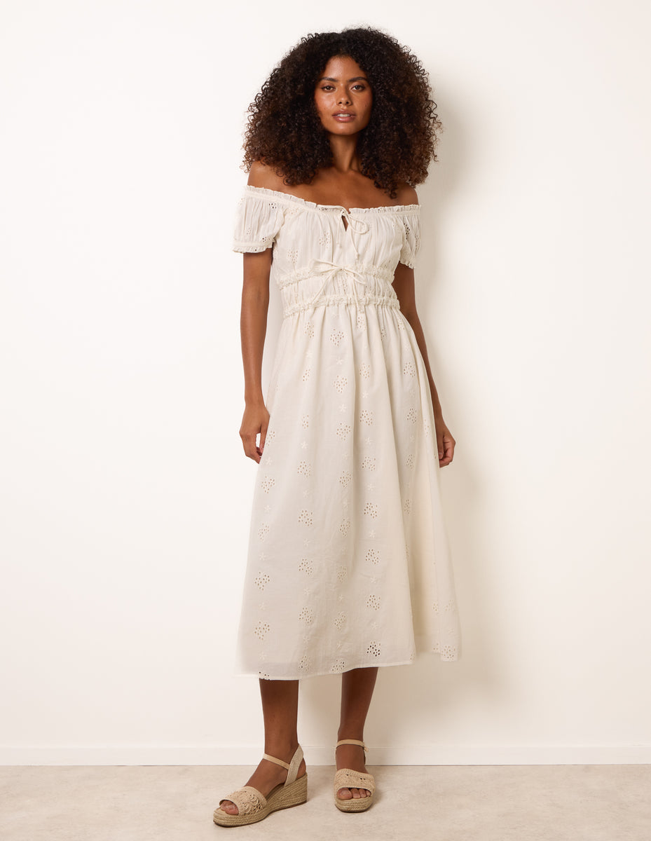 Ivory | Broderie Front Tie Midi Dress | Blue Vanilla