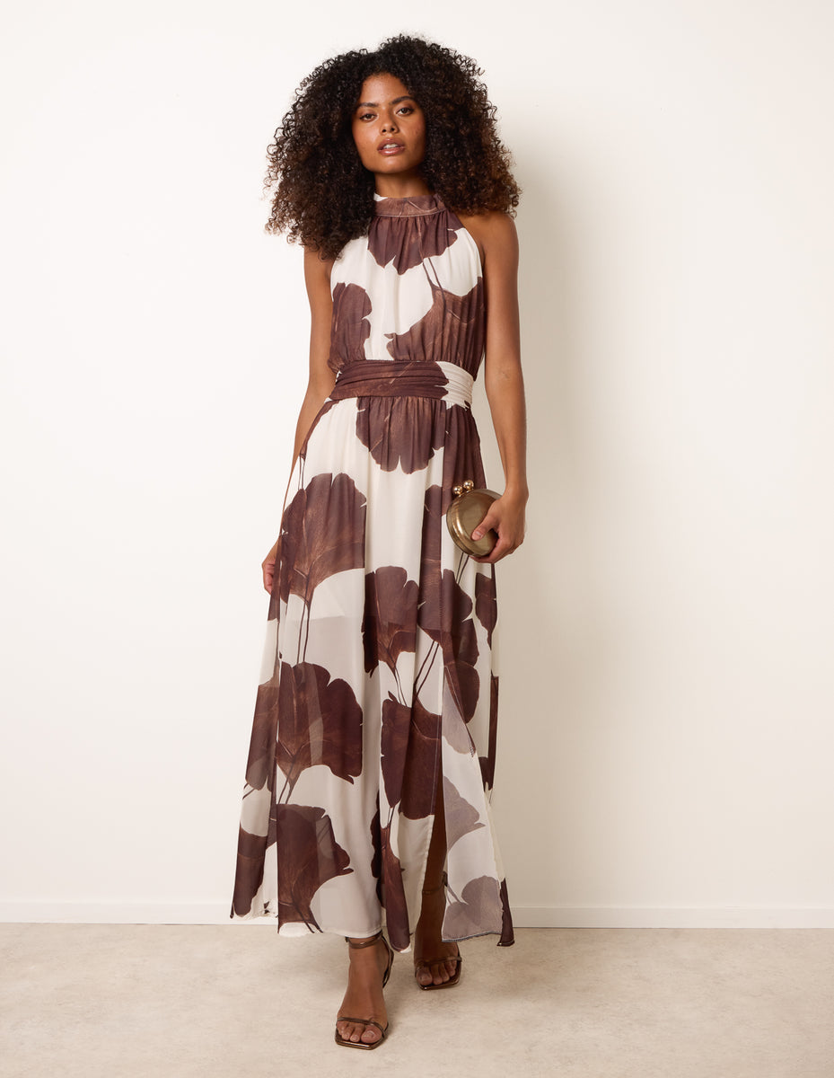 white and brown dress Brown | Printed Halter Neck Maxi Dress