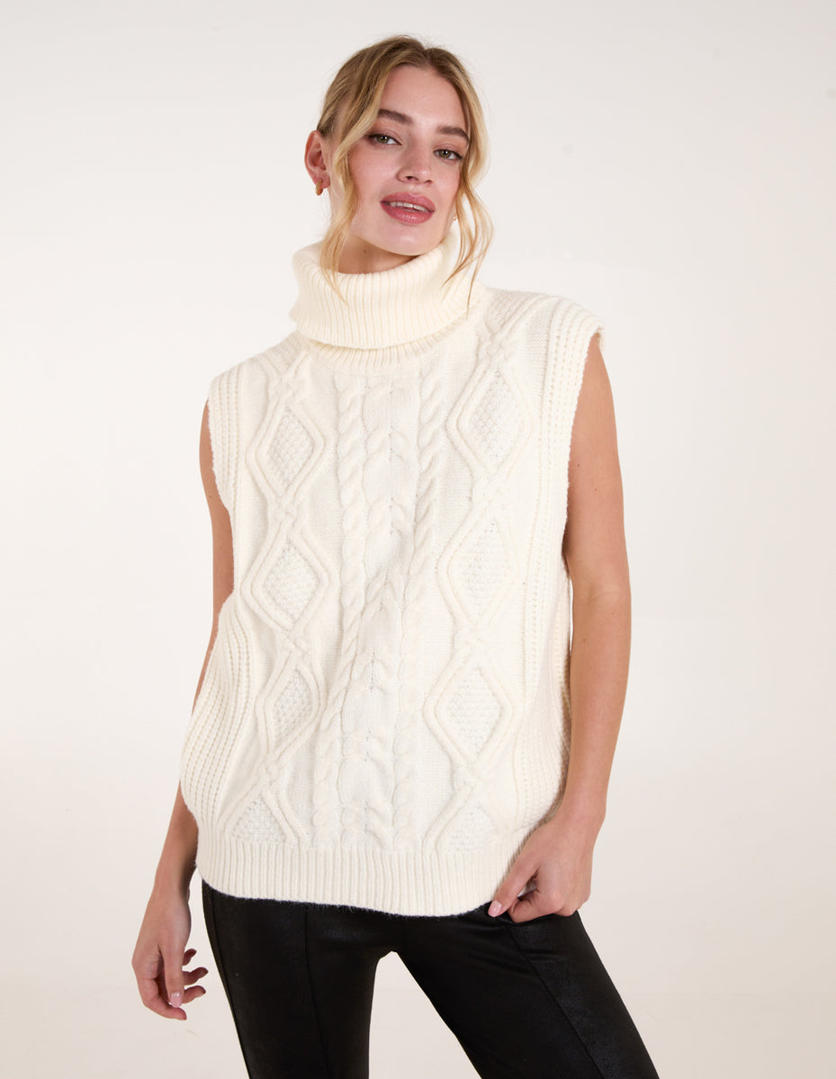 Ivory | Roll Neck Cable Knit Vest | Blue Vanilla