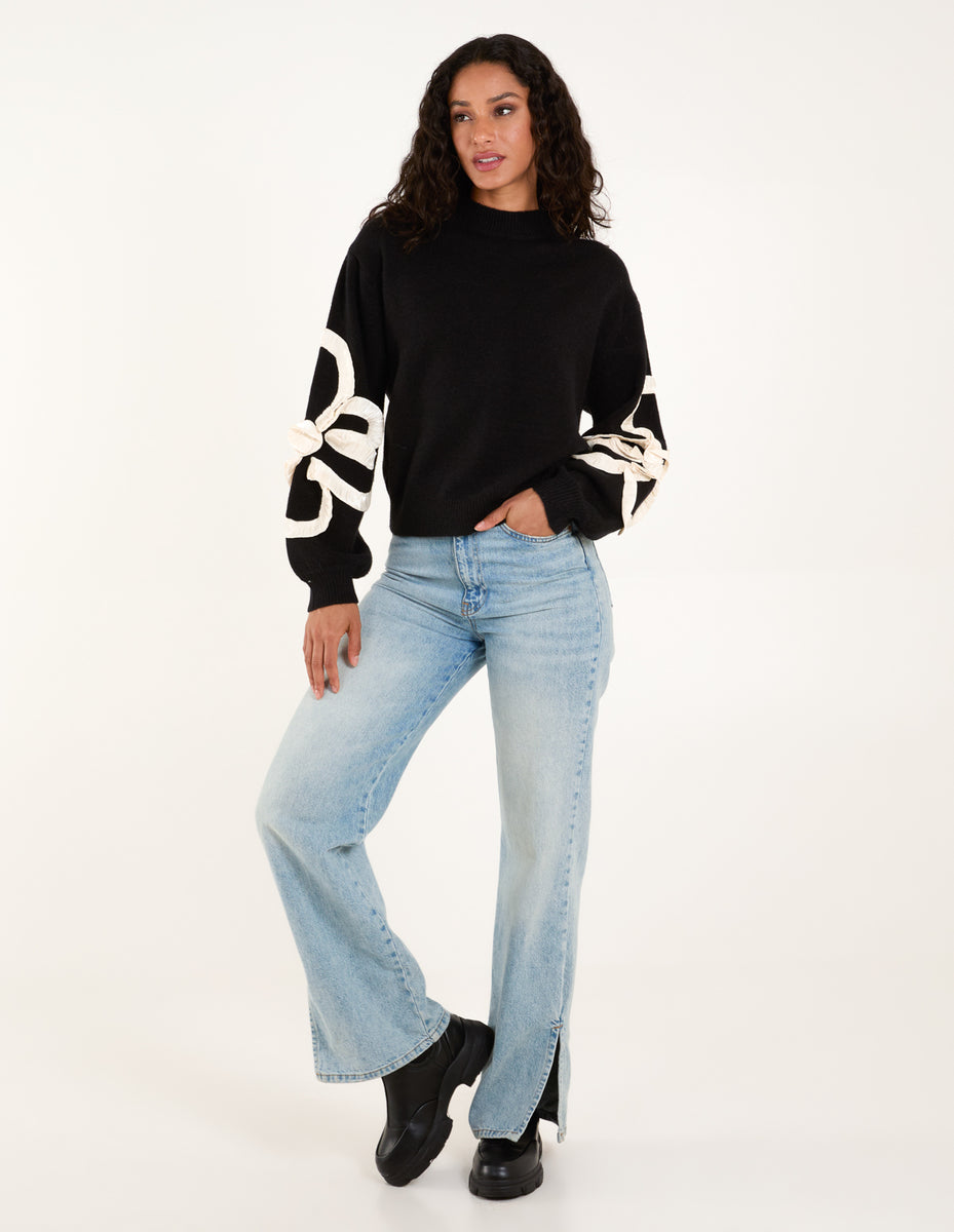 Black | Frill Flower Knit Jumper | Blue Vanilla