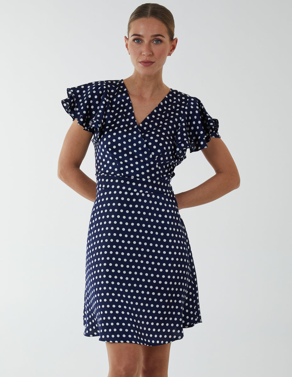 Sleeveless Navy Blue Mini Dress with Ruffled Shimmer Hemline