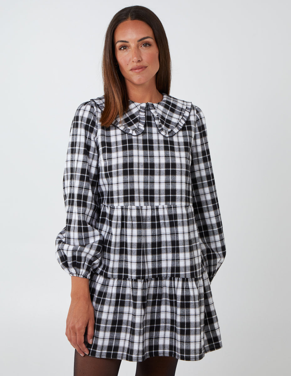 Black | Frill Collar Check Smock Dress | Blue Vanilla