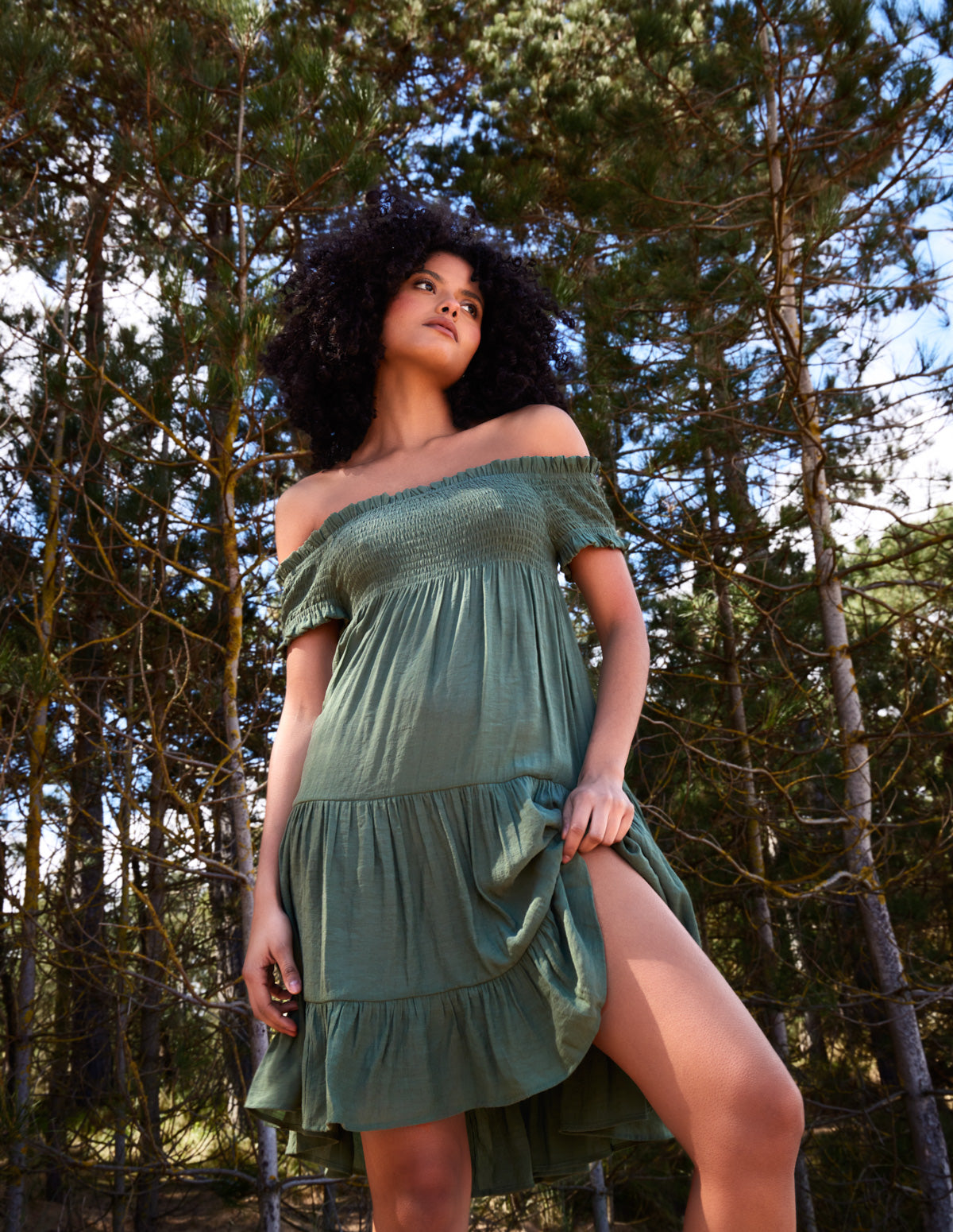 Khaki | Bardot Shirred Neck Line Floaty Dress | Blue Vanilla Khaki | Bardot Shirred Neck Line Floaty Dress | Blue Vanilla