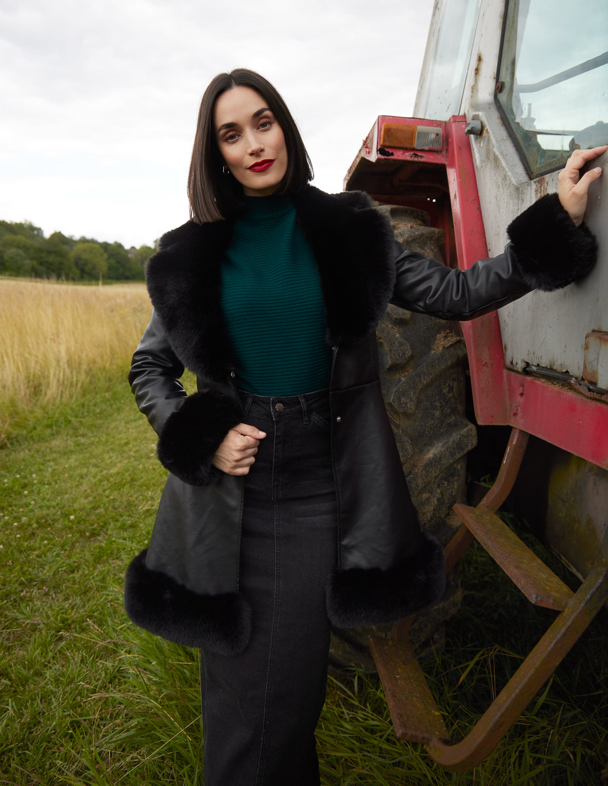 PU Faux Fur Trimmed Belted Coat - Main Image