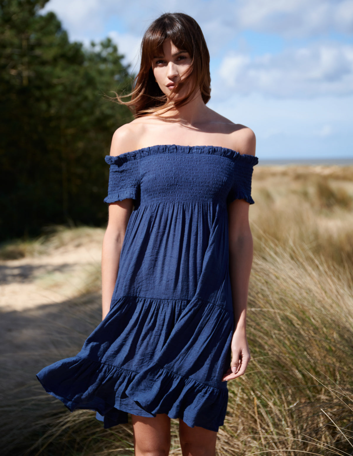 Bardot Shirred Neck Line Floaty Dress - Main Image