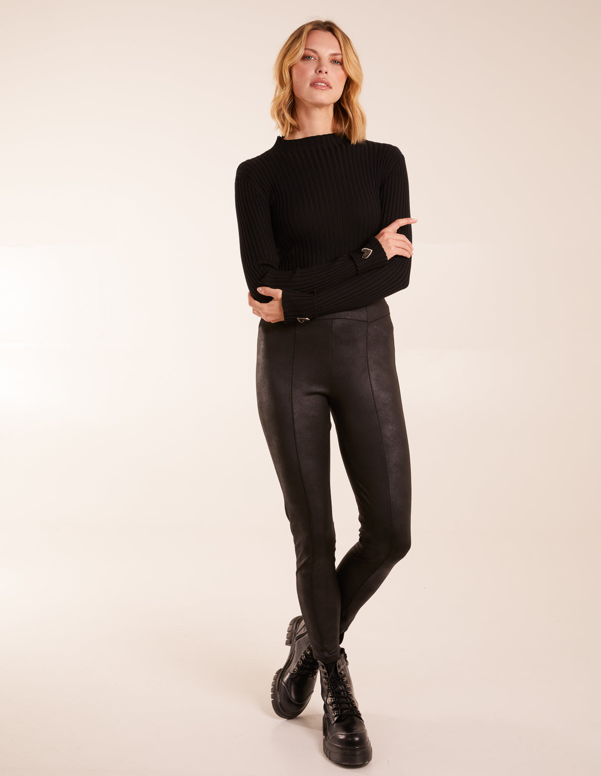 Black Seam Detail PU Leather Look Leggings Blue Vanilla