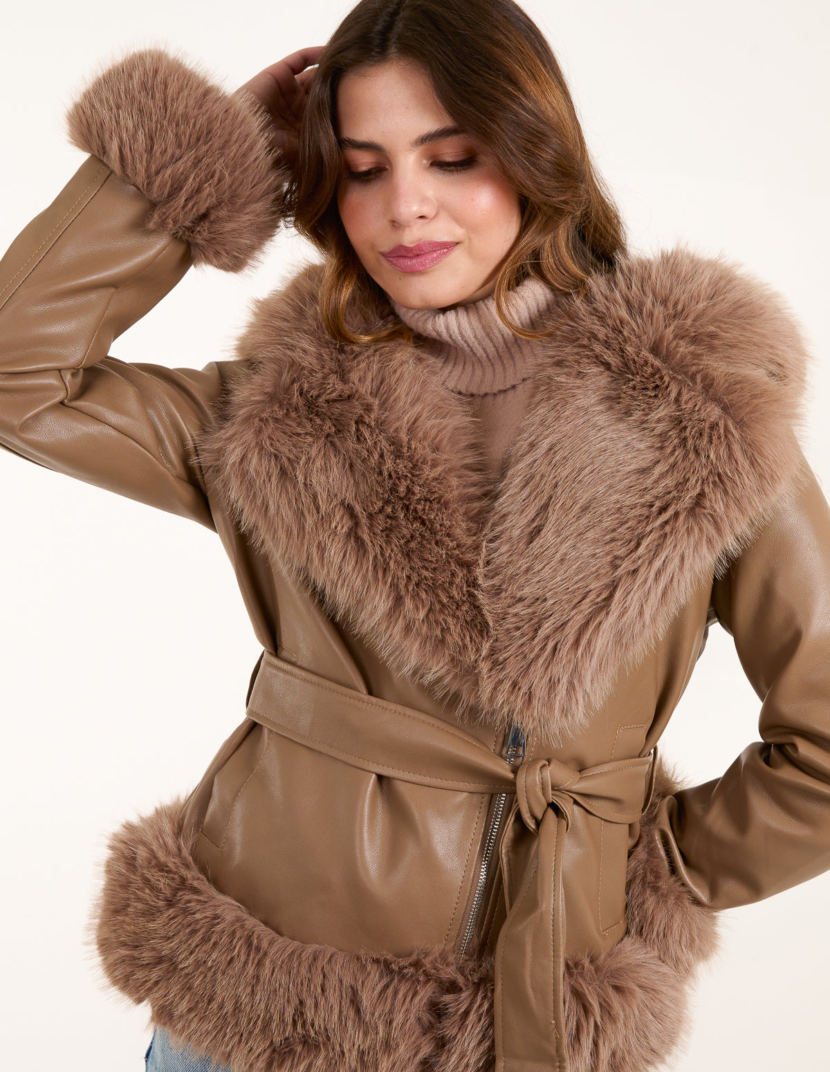 Light Brown | Hooded Zip Faux Fur Cropped PU Jacket | Blue Vanilla