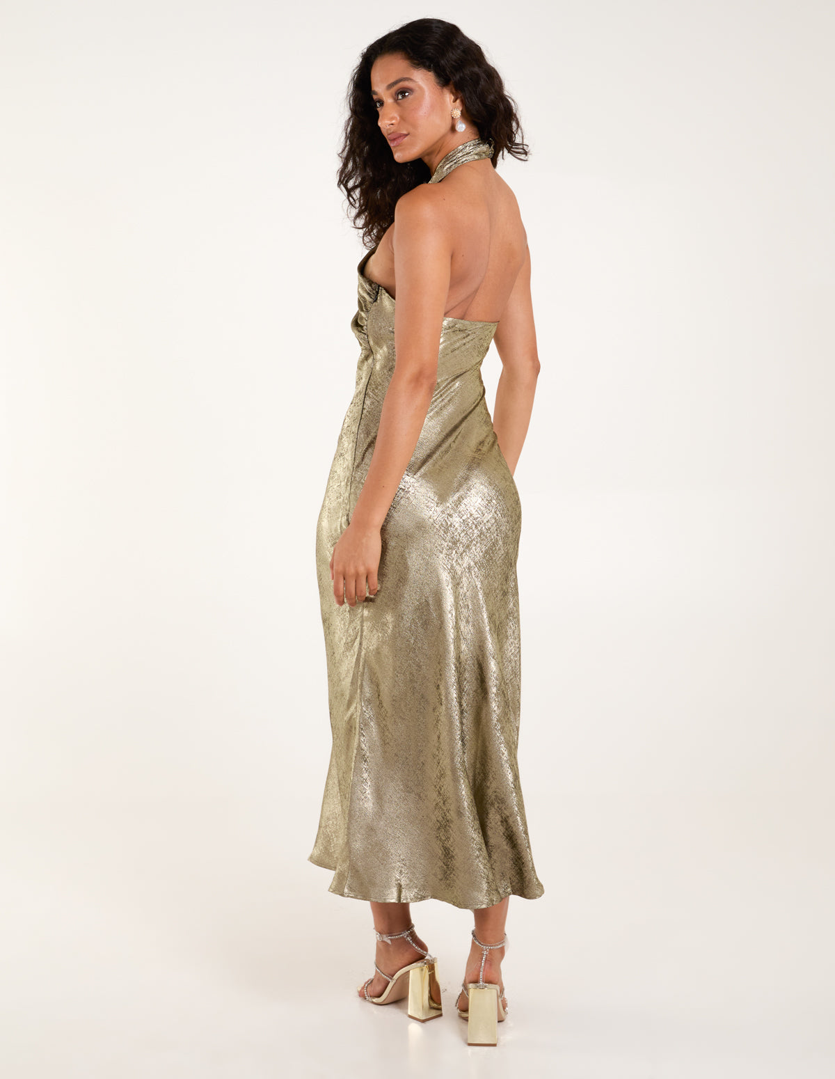 Gold | Luxe Twist Front Halter Neck Lame Dress | Blue Vanilla Gold | Luxe Twist Front Halter Neck Lame Dress | Blue Vanilla