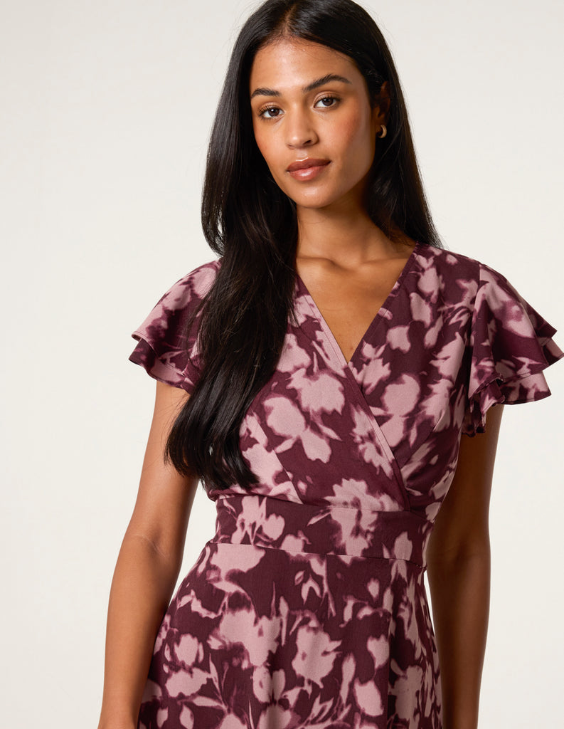 Burgundy | Printed Frill Sleeve Mini Dress | Blue Vanilla Burgundy | Printed Frill Sleeve Mini Dress | Blue Vanilla