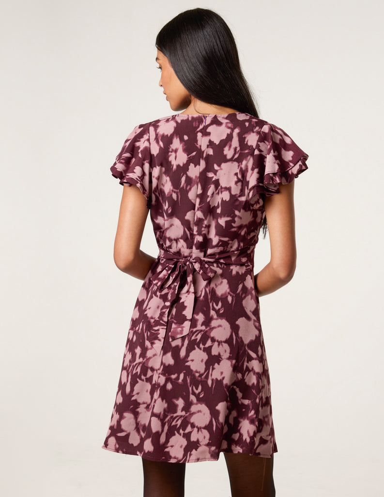Burgundy | Printed Frill Sleeve Mini Dress | Blue Vanilla Burgundy | Printed Frill Sleeve Mini Dress | Blue Vanilla