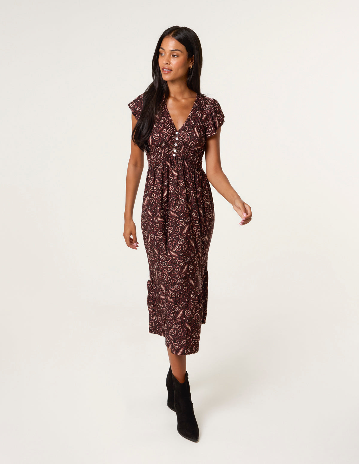 Brown | V Neck Midi Dress With Button Front | Blue Vanilla Brown | V Neck Midi Dress With Button Front | Blue Vanilla