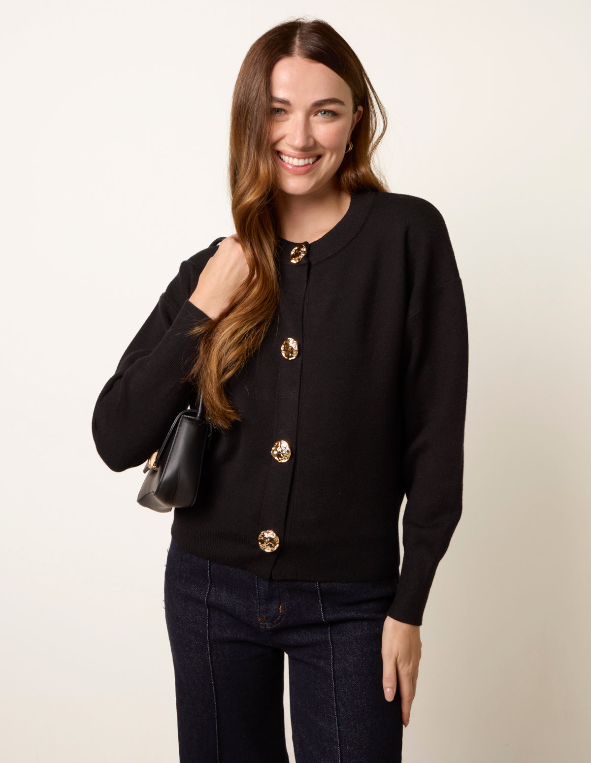 L'Appartement GOLD BUTTON V/N CARDIGANBlack | Gold Flower Button