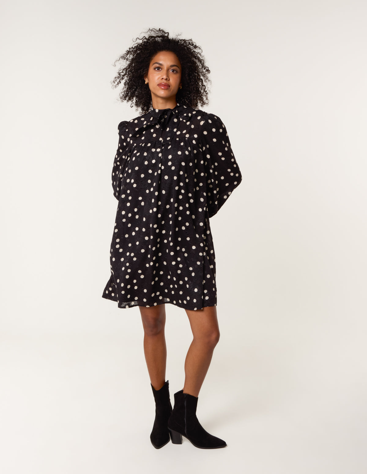 Black | Polka Dot Tie Neck Smock Dress | Blue Vanilla Black | Polka Dot Tie Neck Smock Dress | Blue Vanilla