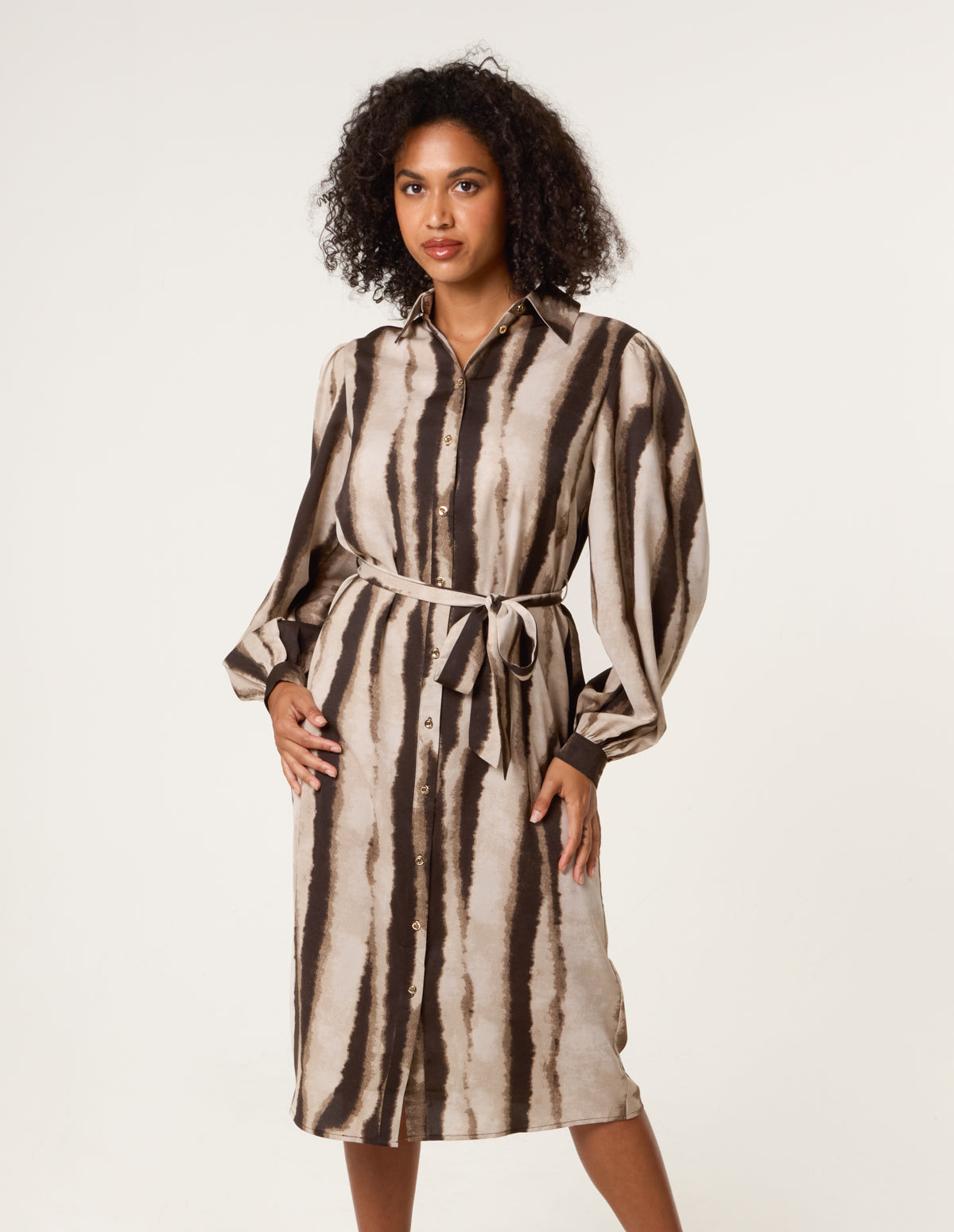 Mocha | Printed Puff Sleeve Button Through Midi Dress | Blue Vanilla
