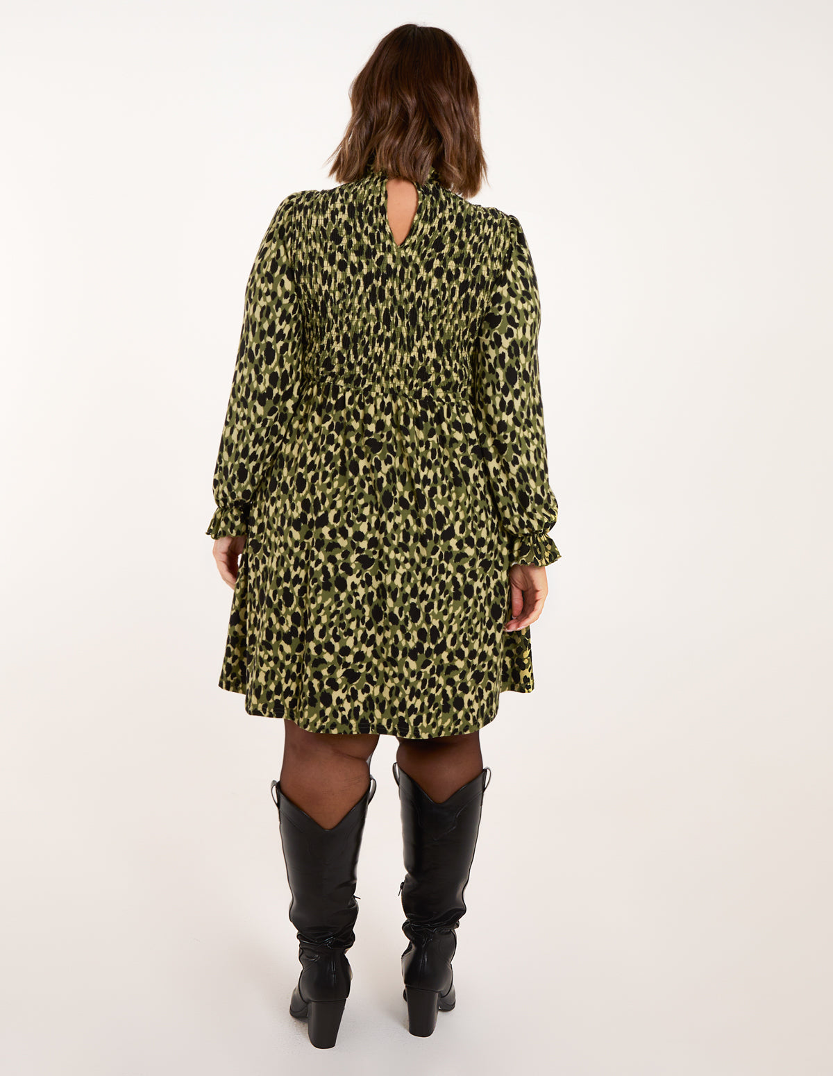 Green | Curve Leopard Print Shirred Trapeze Mini Dress | Blue Vanilla Green | Curve Leopard Print Shirred Trapeze Mini Dress | Blue Vanilla