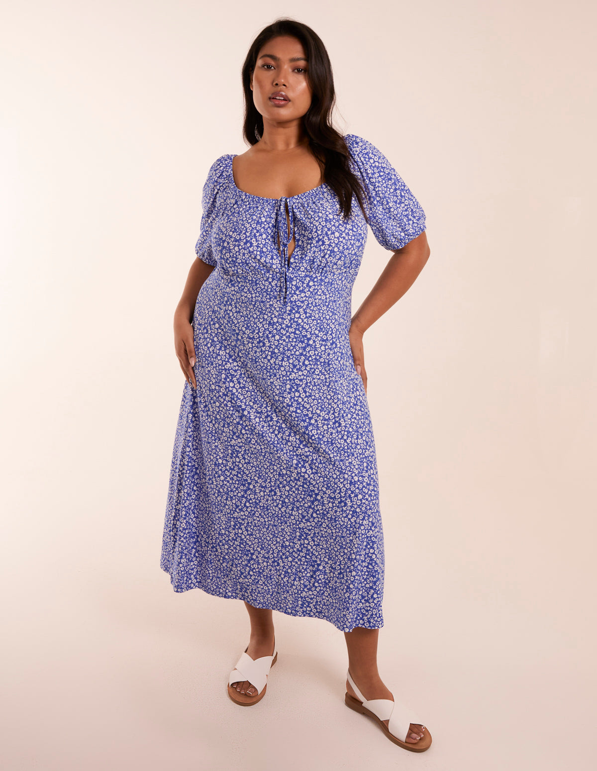 Blue | Curve Milkmaid Stretch Crepe Midi Dress