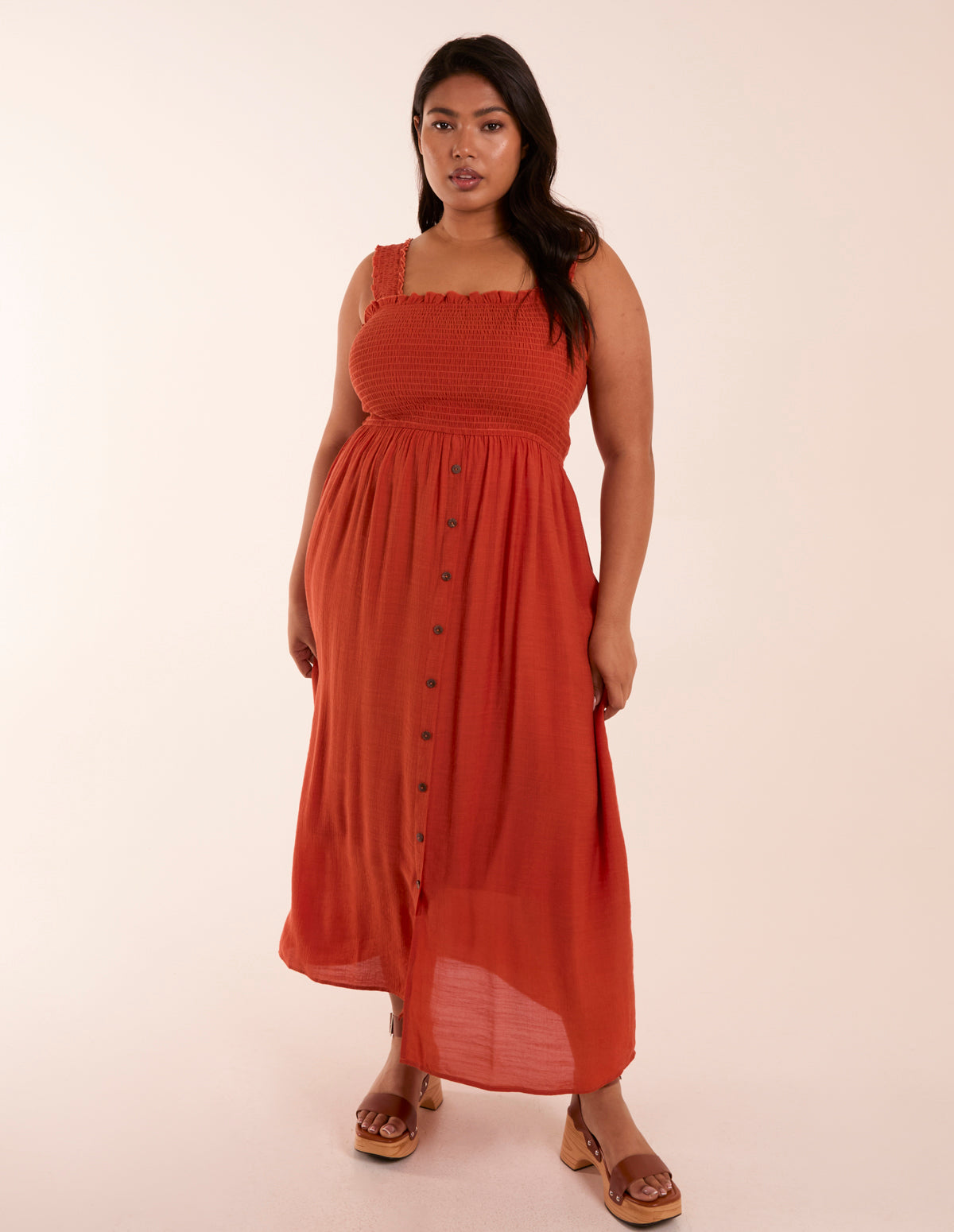 Orange | Curve Shirred Bust Button Down Midi Dress