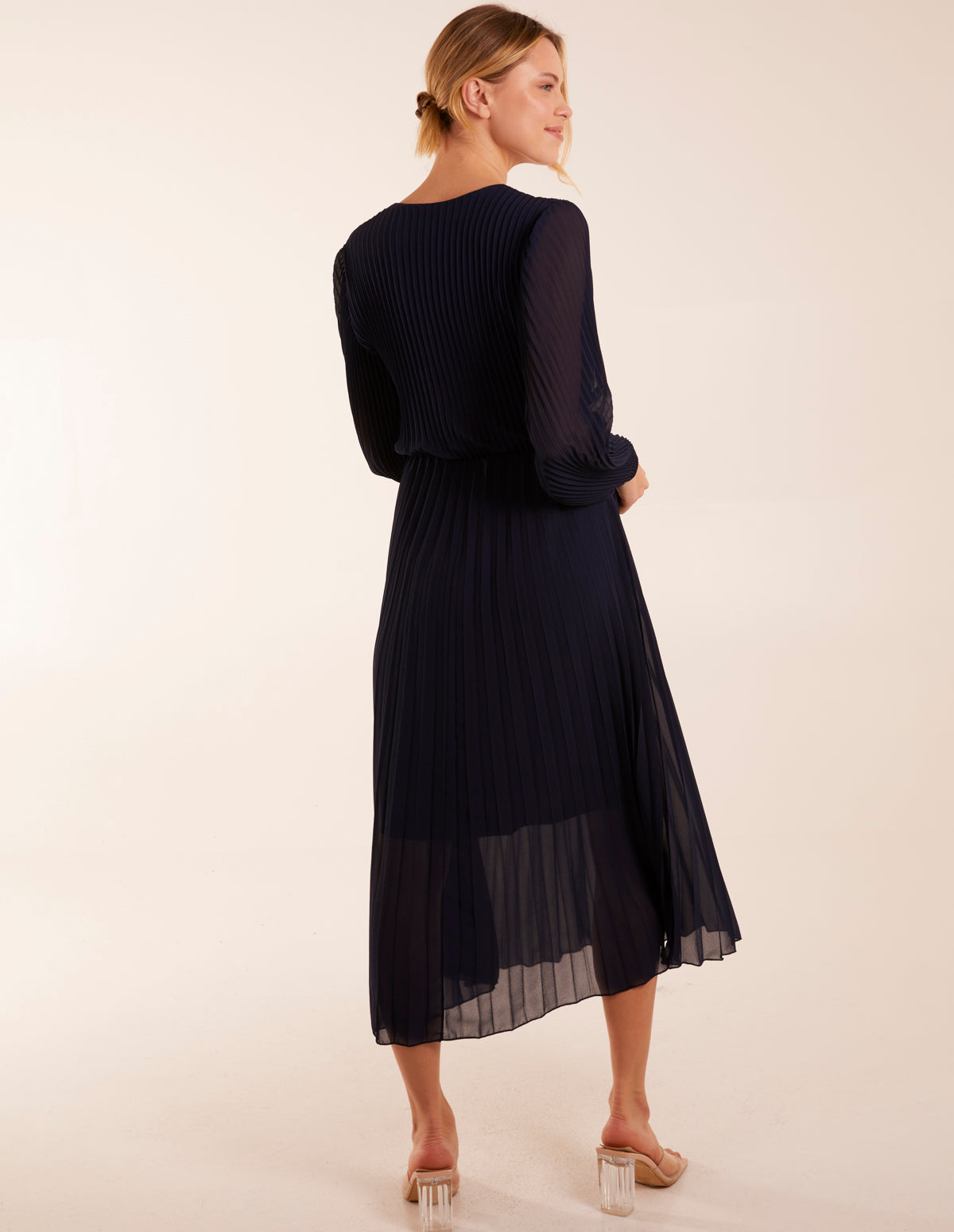 Navy | Wrap Front Pleated Midi Dress