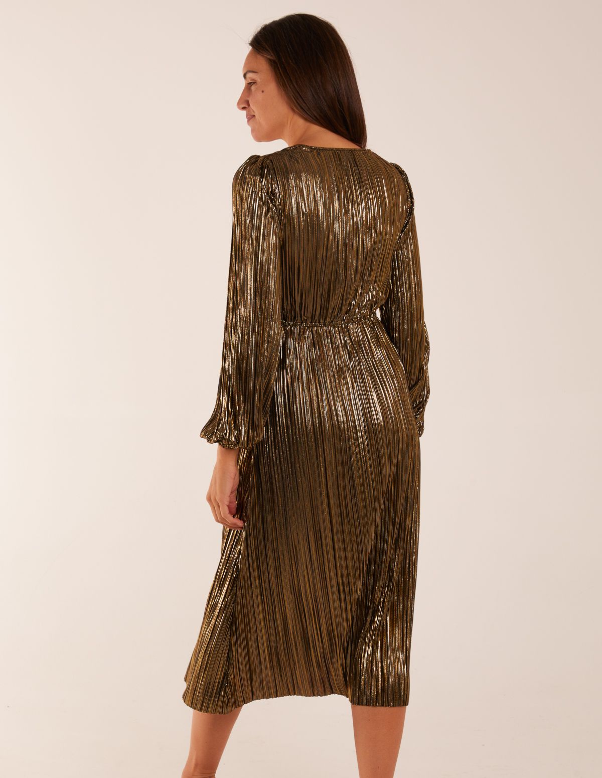 Gold | Plisse V-Neck Elasticated Midi Dress | Blue Vanilla Gold | Plisse V-Neck Elasticated Midi Dress | Blue Vanilla