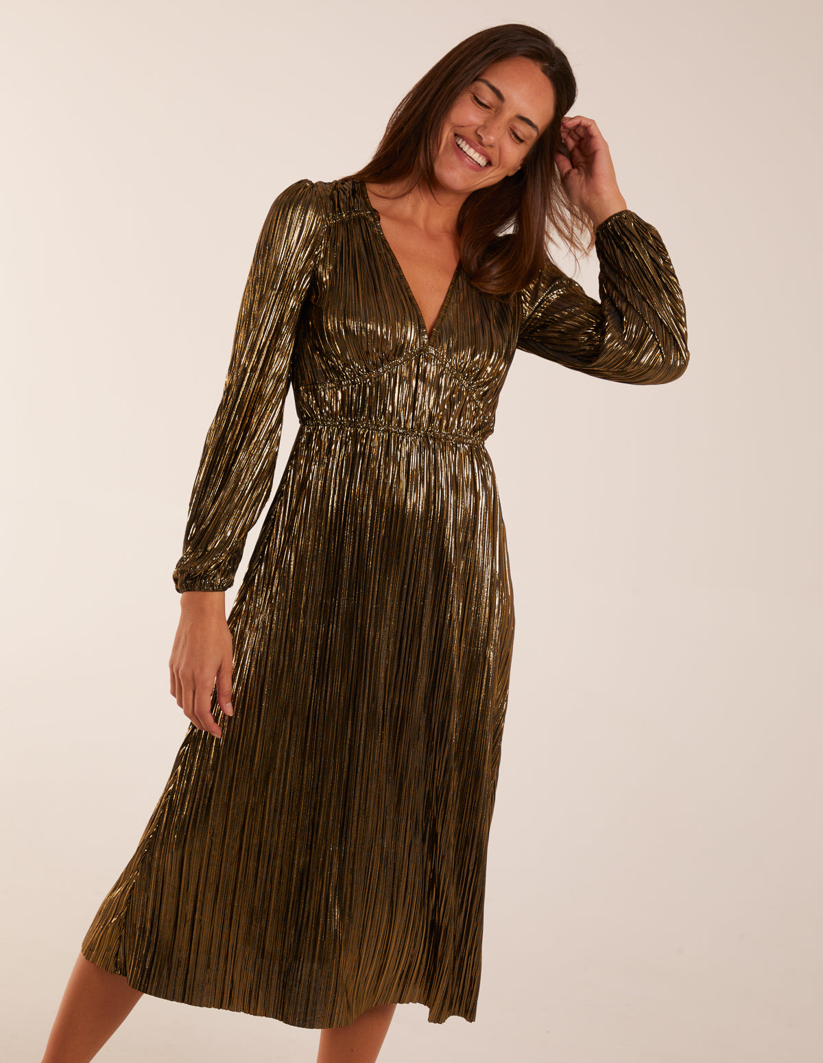Gold | Plisse V-Neck Elasticated Midi Dress | Blue Vanilla Gold | Plisse V-Neck Elasticated Midi Dress | Blue Vanilla