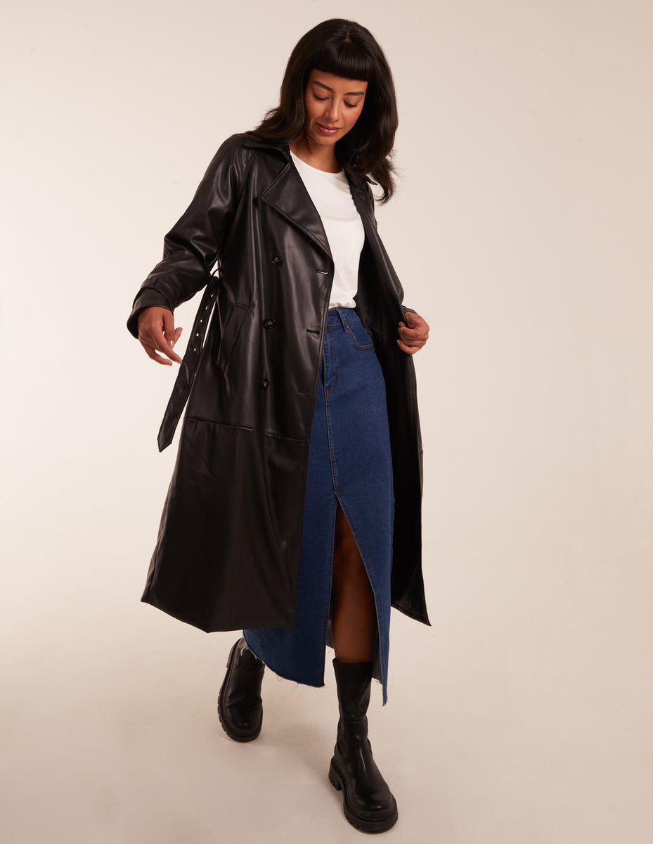 Black | Faux Leather Belted Trench Coat | Blue Vanilla